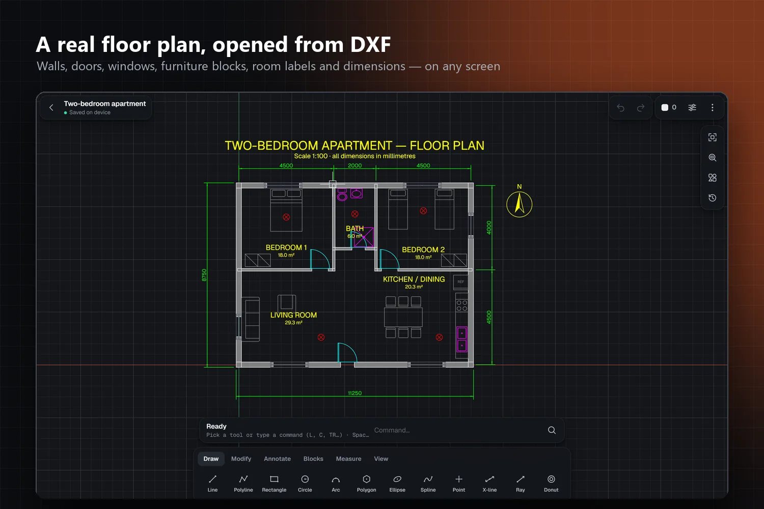 A real floor plan opened from DXF with blocks, hatches and dimensions