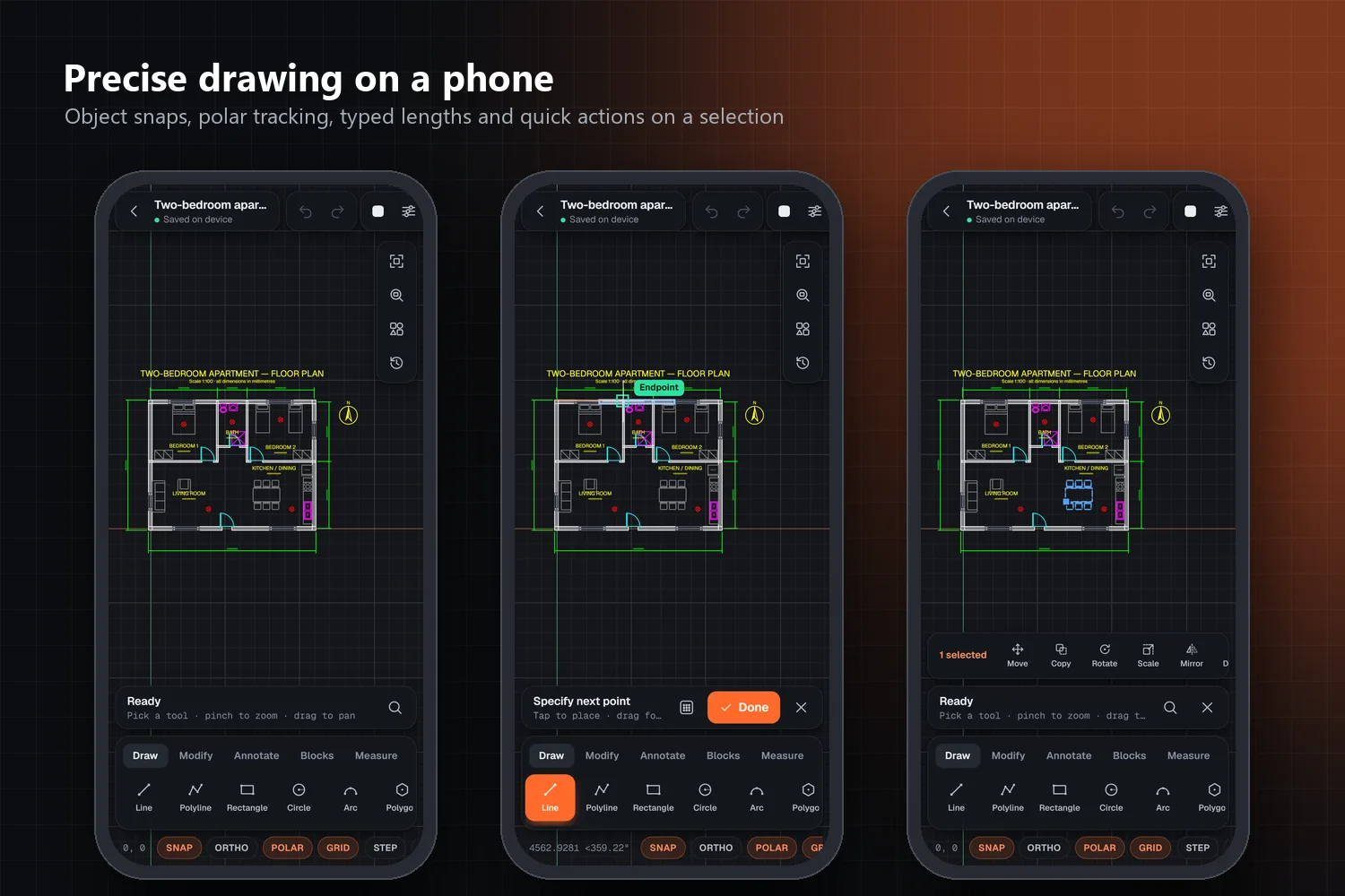 Drawing on a phone with snaps, polar tracking and quick actions