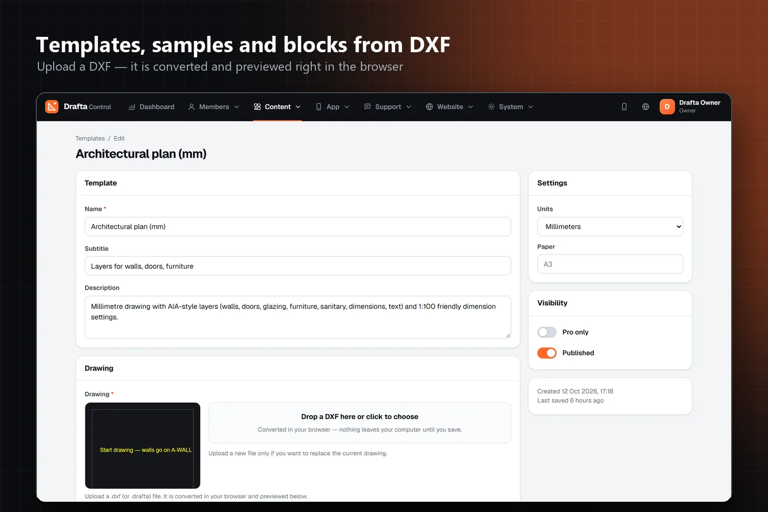 Templates, samples and blocks uploaded as DXF