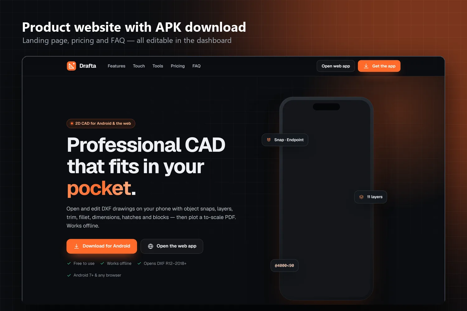 Product website with the Android download