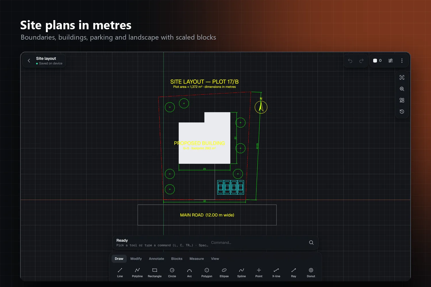 Site plan in metres with scaled blocks
